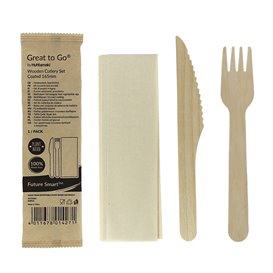 Set Cubiertos Madera Barnizado Tenedor, Cuchillo y Servilleta (25 Uds)