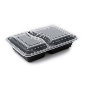 Envase de Plástico PP Negro 2C con Tapa 690ml 22,3x18,1cm (50 Uds)