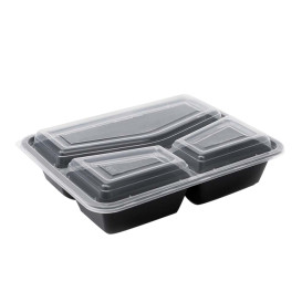 Envase de Plástico PP Negro 3C con Tapa 930ml 23x18,3cm (50 Uds)