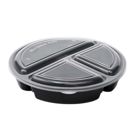 Envase de Plástico PP Negro 3C con Tapa 920ml Ø22cm (50 Uds)