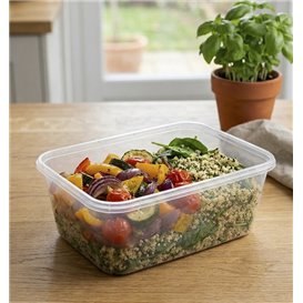 Tarrina Rectangular PP Transparente con Tapa 1.500ml 20,4x15,3cm (50 Uds)