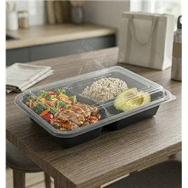 Envase de Plástico PP Negro 2C con Tapa 690ml 22,3x15,4cm (50 Uds)