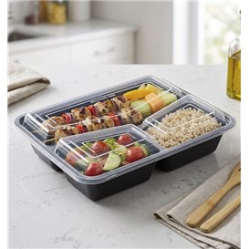 Envase de Plástico PP Negro 3C con Tapa 930ml 23x18cm (50 Uds)