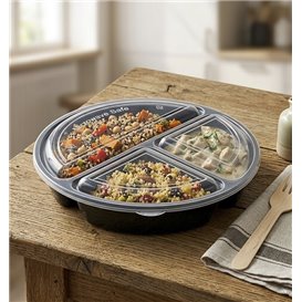 Envase de Plástico PP Negro 3C con Tapa 920ml Ø22cm (50 Uds)